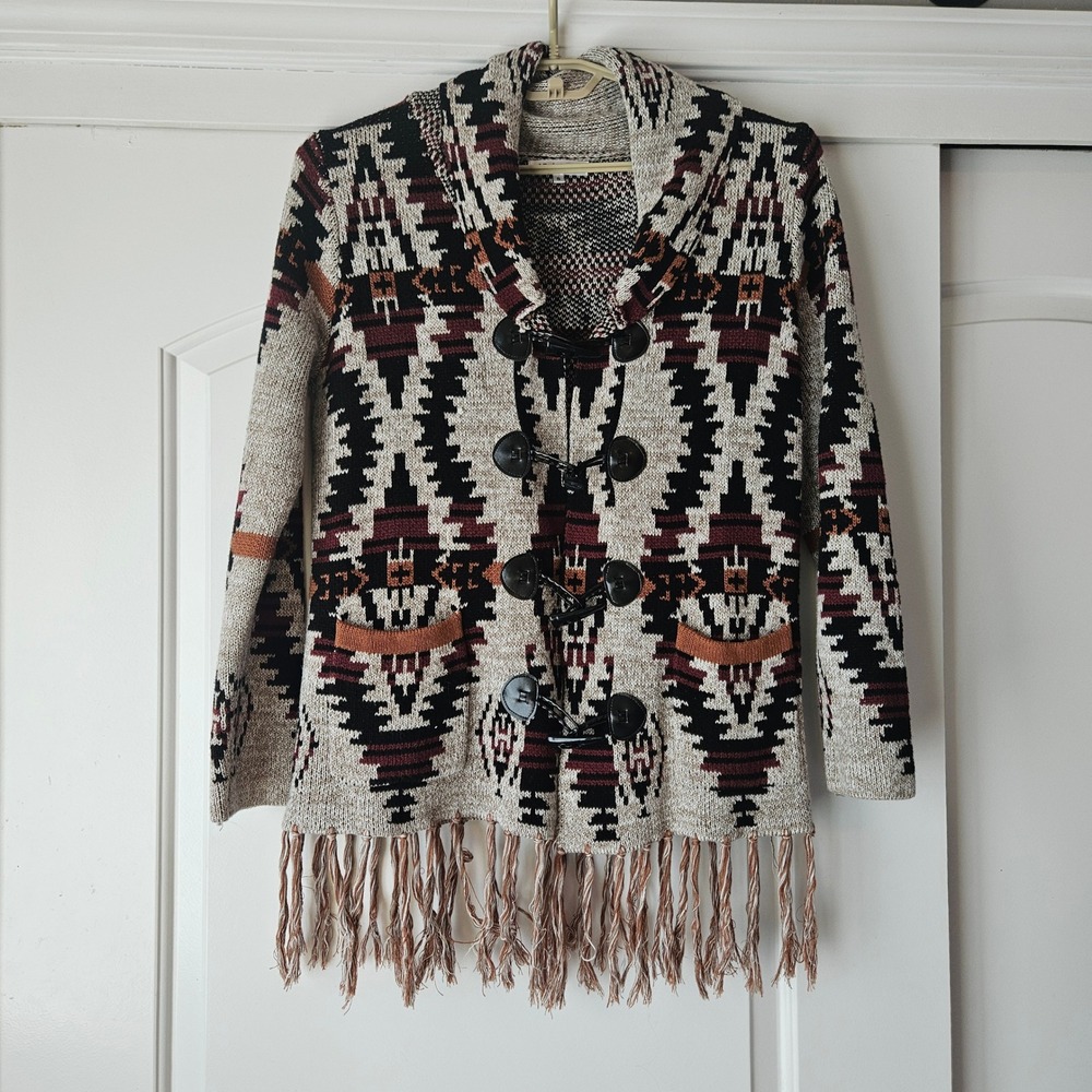 Aztec Print Cardigan Size Small Fringe Sweater Hippie Southwestern Boho Festival